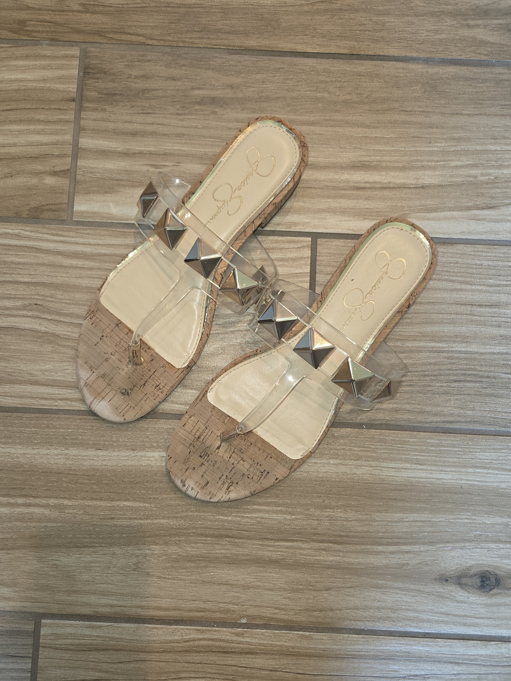 Jessica Simpson Clear Studded Cork Slide Sandals - Tan/Clear